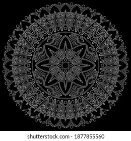 White outline mandala on a black doodles sketch good mood