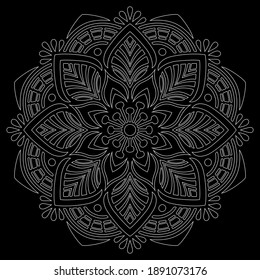 White outline mandala on a black doodles sketch good mood