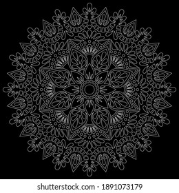 White outline mandala on a black doodles sketch good mood