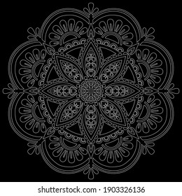 White outline mandala on a black doodles sketch good mood