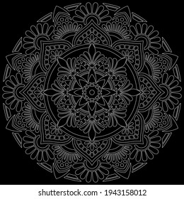 White outline mandala on a black doodles sketch good mood