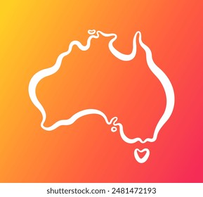 Weiße Umrisskarte von Australien auf orangefarbenem und lila Farbverlauf Hintergrund.