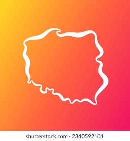 White outline map of Poland on orange and purle gradient background.