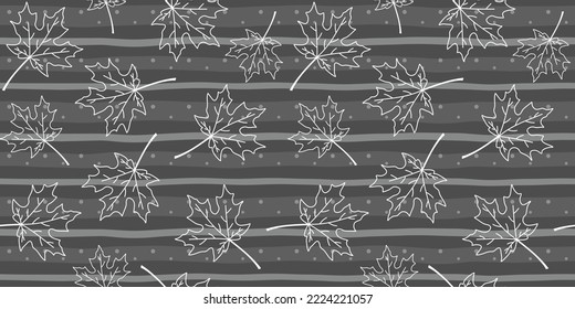 White outline maple leaves on a dark grey striped background with dots. Endless texture with falling leaves. Vector seamless pattern for wrapping paper, packaging, cover, surface texture and print