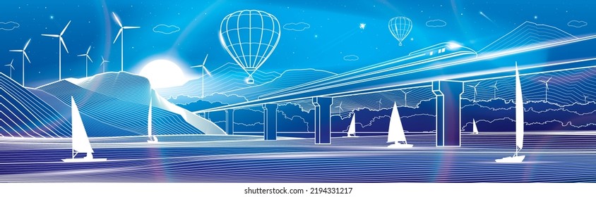 White outline neon glow illustration. View from river to night city. Hot air balloon flying over the mountains. Yachts on water. Train travels along railway bridge. White lines on blue background.