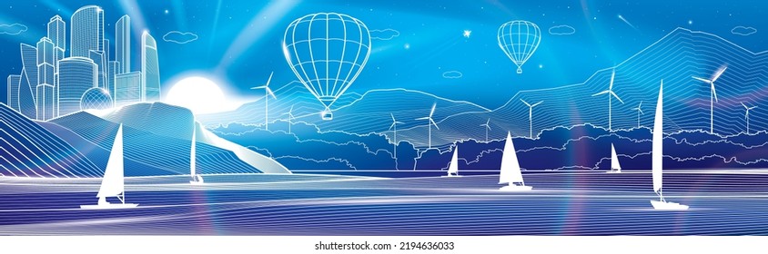 White outline neon glow illustration. View from river to night city. Hot air balloon flying over the mountains. Yachts on water. White lines on blue background. Vector design art