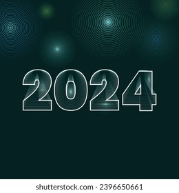 White outline of number 2024 with subtle 3D effect created using Illustrator`s blend tool. Green background and concentric fireworks at the top. Copy space at the bottom. Happy New Year 2024 Concept.