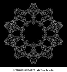 Patrón circular ornamental de contorno blanco sobre fondo negro. Diseño de plantilla de tarjeta. Ilustración vectorial.