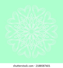 White outline ornamental round pattern on light green background. Card template design. Vector illustration.