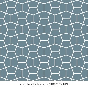 White outline overlapping elongated hexagon tessellation repeat pattern on a blue-gray background, geometric vector illustration. Cairo style seamless backdrop.