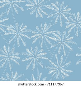 White outline palm trees on the light blue  background. Vector seamless pattern. Tropical illustration. Jungle foliage.