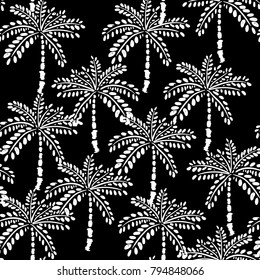 White  outline palm trees on the black background. Vector seamless pattern. Tropical illustration. Jungle foliage on hand drawing style.