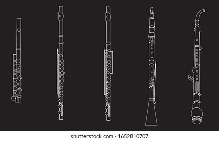 White outline piccolo, flute, alto flute, oboe and English horn on black background. Musical instruments for template or art school dictionary illustration