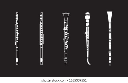 White outline piccolo, flute, alto flute, oboe and English horn isolated on black background. Musical instruments for template or art school dictionary illustration