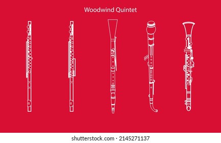 Color del contorno blanco, flauta, flauta alto, oboe y cuerno inglés sobre fondo rojo. Quinteto de viento. Contorno de instrumentos musicales para ilustración de plantilla o diccionario de arte