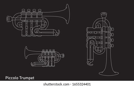 White outline piccolo trumpet various sizes isolated on black background. Musical instruments for template or art school dictionary illustration