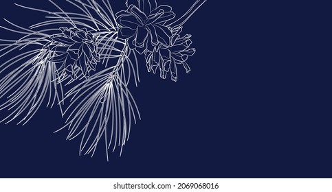 White outline pine branch with cones on dark blue background. Card template design. Vector illustration.