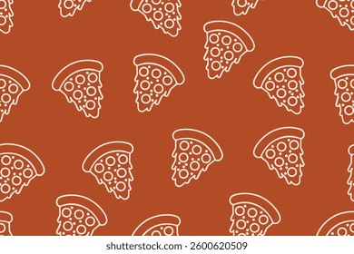 White Outline Pizza Slice Seamless Pattern on Brown Background