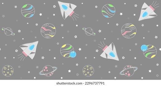 Planetas de contorno blanco y nave espacial con elementos de color sobre un fondo gris con estrellas pequeñas. Textura sin fin con espacio abierto. Patrón de vectores sin fisuras para texturas superficiales, papel de embalaje, embalaje