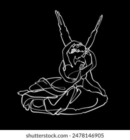 White outline Psyche revived by the kiss of Love (Marble statue) on black background. Graphic drawing. Vector illustration.