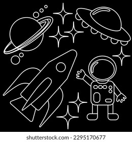 White outline of rocket, astronaut, ufo, planet and stars on black background. Vector illustration of space elements for coloring book.