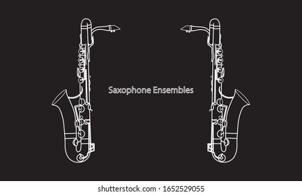 White outline saxophone ensemble isolated on black background. Musical instrument for template or art school dictionary illustration