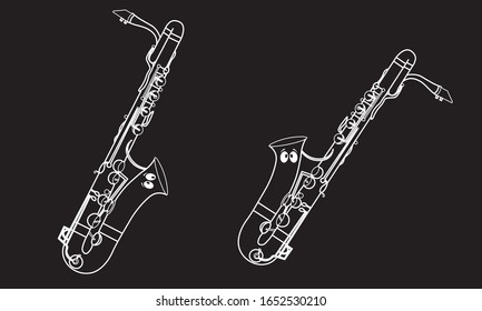 White outline saxophone ensemble isolated on black background. Musical instruments for template or art school dictionary illustration