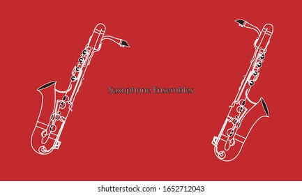 White outline saxophones ensemble on red background. Musical instruments for template or art school dictionary illustration