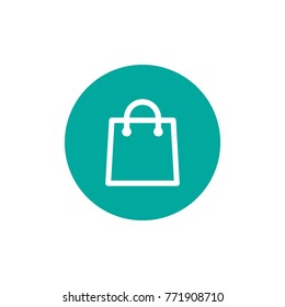white outline of shopping paper bag  in blue circle. flat icon isolated on white.  vector illustration. Stylish package for purchase. simple pictogram 