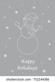 White outline snowman with santa hat, scarf and mittens and snowflakes isolated on grey background. Christmas and New Year greeting card, background, banner, poster. Flat design style.