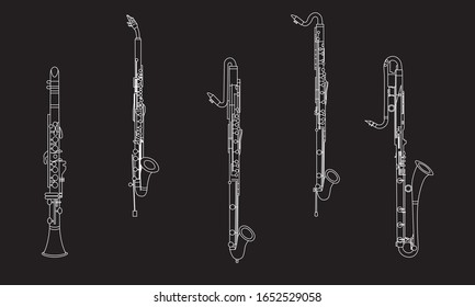 White outline soprano, alto, contra alto, bass and contrabass clarinet isolated on black background. Musical instrument for template or art school dictionary illustration