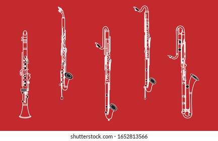 White outline soprano, alto, contra alto, bass and contrabass clarinet on red background. Musical instruments for template or art school dictionary illustration