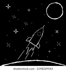 White outline space rocket from the earth flies to the moon among the stars in sketch chalk style, isolated on black background. Vector illustration.