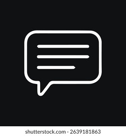 A white outline of a speech bubble on a black background represents communication and discussion in a minimalist design.