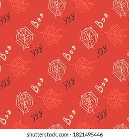 White outline spider web seamless pattern. Halloween spooky artwork on red background. Decorative backdrop for wallpaper, textile, wrapping paper, fabric print. Vector illustration.