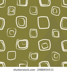 White outline of squares of uneven shapes form a seamless modern pattern on a green background for textiles, wrapping paper, interior design, decorative pillows. Vector.