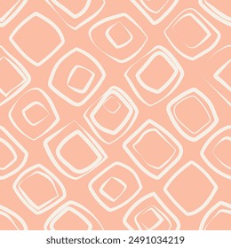 White outline of squares of uneven shapes form a seamless modern pattern on a pink background for textiles, wrapping paper, interior design, decorative pillows. Vector.