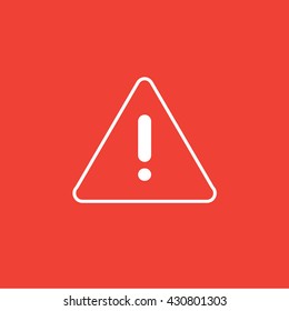 White outline thin exclamation vector icon, Triangle sign of danger on red background