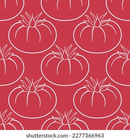 White outline tomatoes on red background seamless pattern