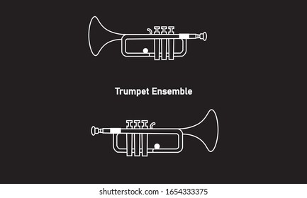 White outline trumpet ensemble isolated on black background. Musical instruments for template or art school dictionary illustration