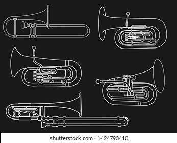 White outline tuba, trombone, euphonium, baritone, bass trombone isolated on black background. Musical instruments for template or art school dictionary illustration