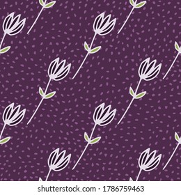 White outline tulip flowers seamless pattern. Dark purple background. Simple floral print. Decorative backdrop for wallpaper, wrapping paper, textile print, fabric. Vector illustration.