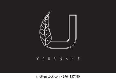 White Outline U Letter Logo with outline leaf design. Vector illustration, icon, concept for your personal branding or company. Creative template for various business types.