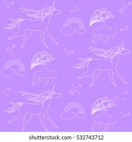 White outline unicorns with clouds and rainbow on a purple background.