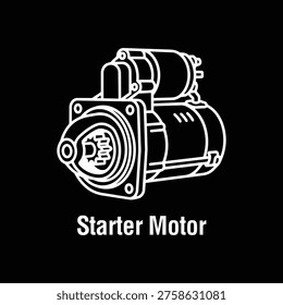White outline vector icon of an automotive starter motor. Minimalist line art design featuring a detailed car engine electrical and mechanical component, isolated on a white background with typography. Ideal for vehicle maintenance graphics, engine starting system diagrams, mechanical repair shop signs, and auto parts designs.