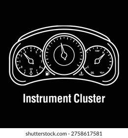 White outline vector icon of a car dashboard instrument cluster. Minimalist line art design featuring a speedometer, tachometer, fuel gauge, and temperature dials, isolated on a black background with typography. Ideal for automotive interior graphics, driving interface designs, car UI UX, and vehicle performance illustrations.