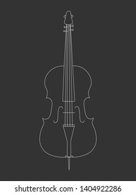 White outline violoncello isolated on black background. Musical instrument for template or art school dictionary illustration