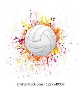 White outline volleyball symbol with ink blots isolated on white background