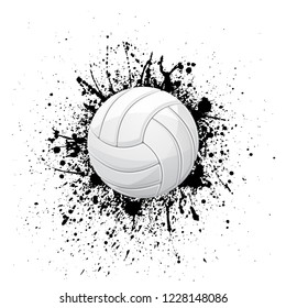 White outline volleyball symbol with ink blots isolated on white background