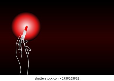 White outline of woman hand with red nails holding red lipstick on black background with red glamour glowing and free copy space.